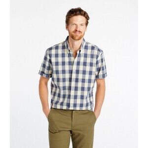 L.L. Bean Mens Traditional Fit Short Sleeve Shirt XL Blue Plaid Stretch Cotton